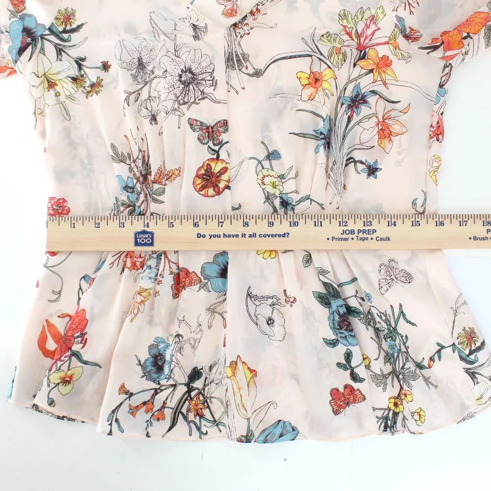 Rebecca Taylor 100%Silk Long Tie Sleeve Meadow Floral Top Pink Combo V-neck 2 - Picture 11 of 15